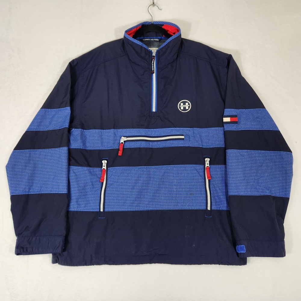 Tommy Hilfiger Mens XL Quarter Zip Windbreaker Navy Blue Grid Colorblock Jacket